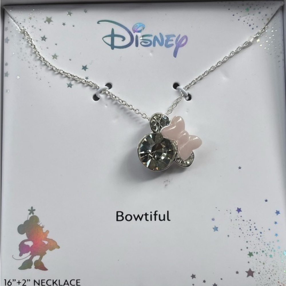 Disney Necklace, Silver Necklace with Pink Bow Pendant,Minnie Mouse necklace.